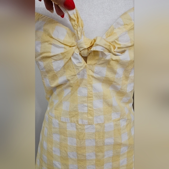 MANGO Gingham Check Bow Mini Thin Strap Dress In Butter Yellow/white. Size SM - Picture 12 of 16